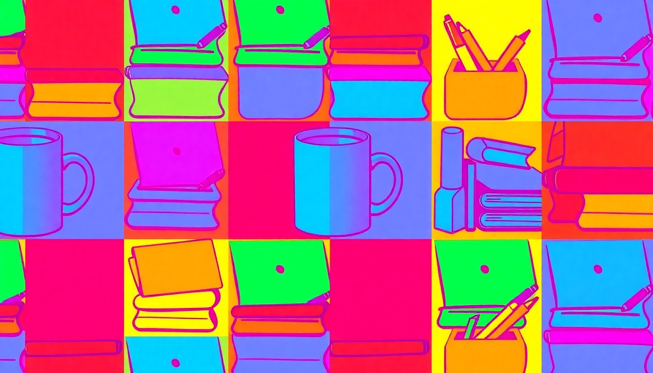 A grid of brightly colored, high-contrast silkscreen images of a teacher's desk object, such as a coffee mug or stack of papers, conceptually representing the everyday challenges and importance of the teaching profession.