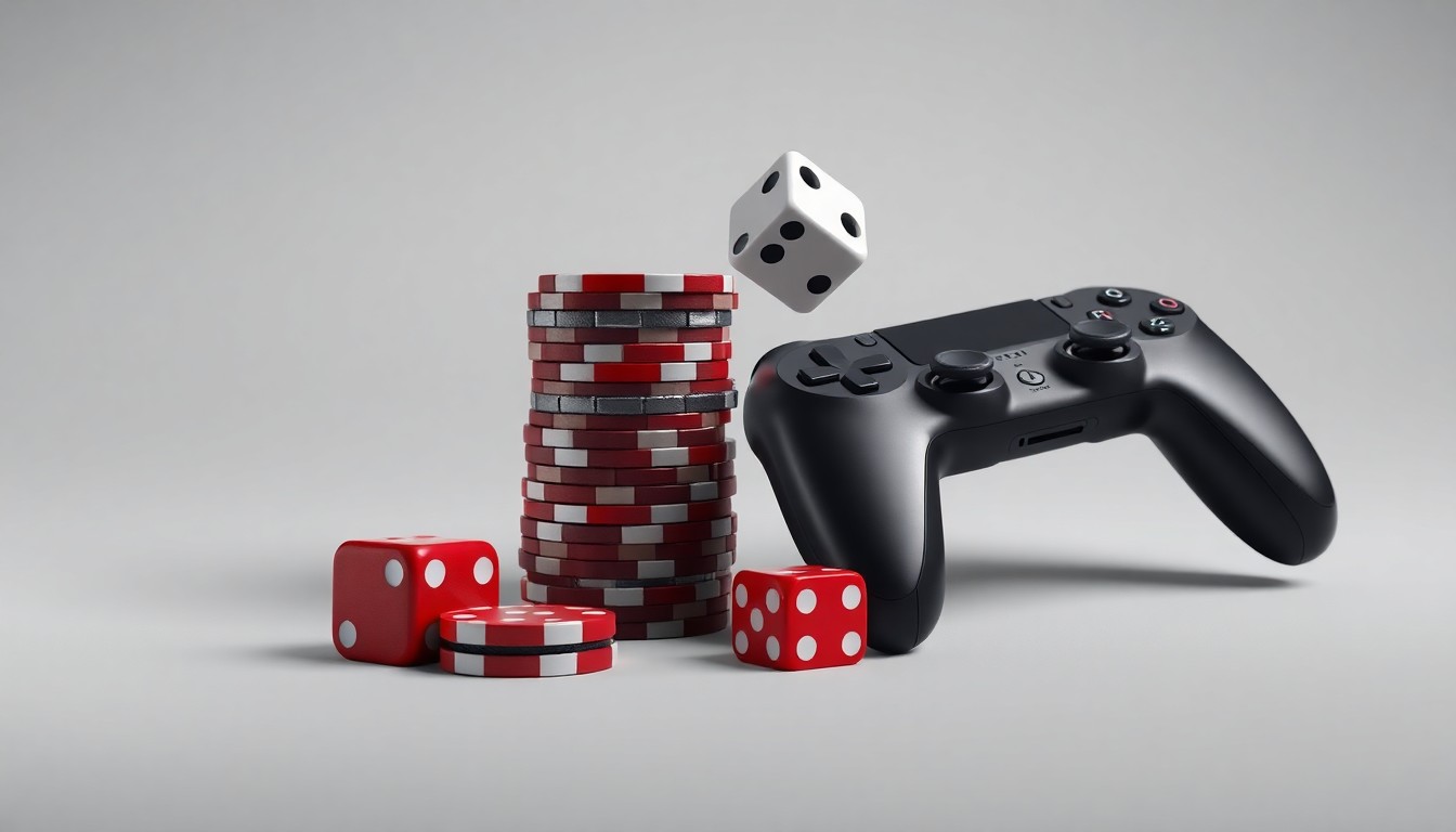 A minimalist studio still life photograph featuring a stack of casino chips, a pair of dice, and a modern gaming controller floating on a clean, monochromatic background, conceptually representing the abstract financial performance and strategy of the gaming industry.