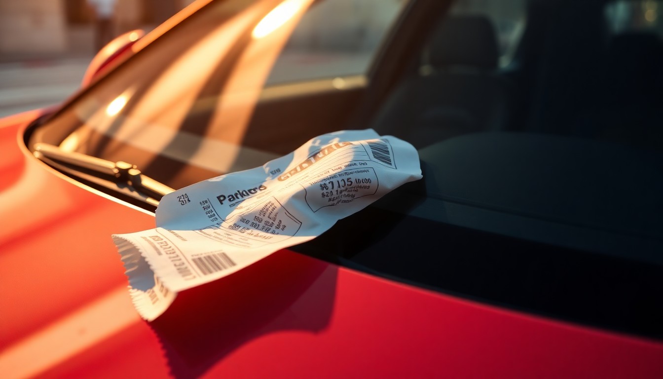 An extreme close-up photograph of a crumpled parking ticket reflecting the glossy surface of a luxury vehicle's windshield, conceptually representing the mundane challenges faced by celebrities.