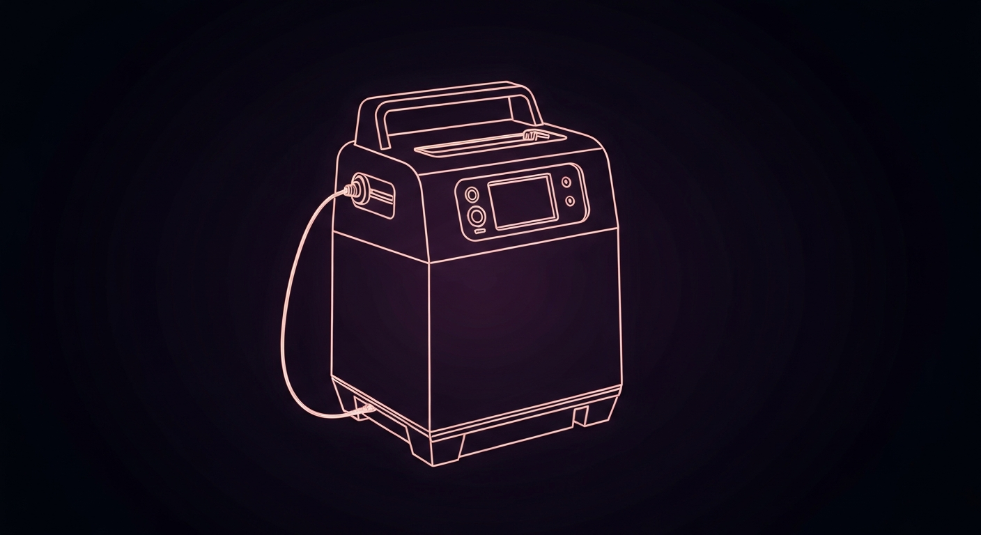 A glowing neon outline of a portable oxygen device, representing the essential shape and energy of Inogen's medical technology.