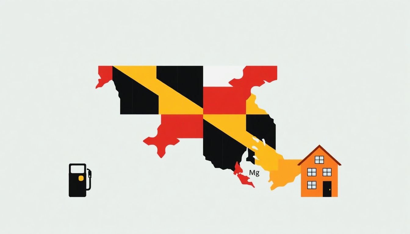 A minimalist, abstract illustration using bold geometric shapes and primary colors to represent the rising costs of living in Maryland, including stylized icons for groceries, gasoline, electricity, and housing.