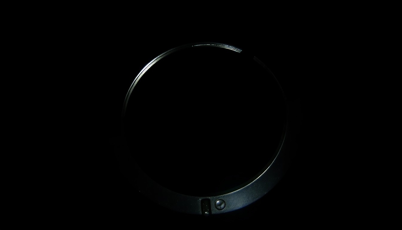 An extreme close-up of a metal handcuff lock, reflecting a faint glimmer of light against a dark background, conveying a sense of investigation and accountability.