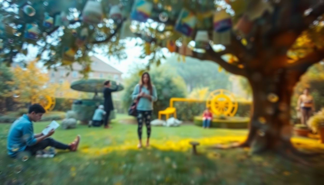 An impressionistic, out-of-focus scene of people exploring a lush, green outdoor space, conveying the tranquil, nature-focused atmosphere of the new Anythink Nature Library.