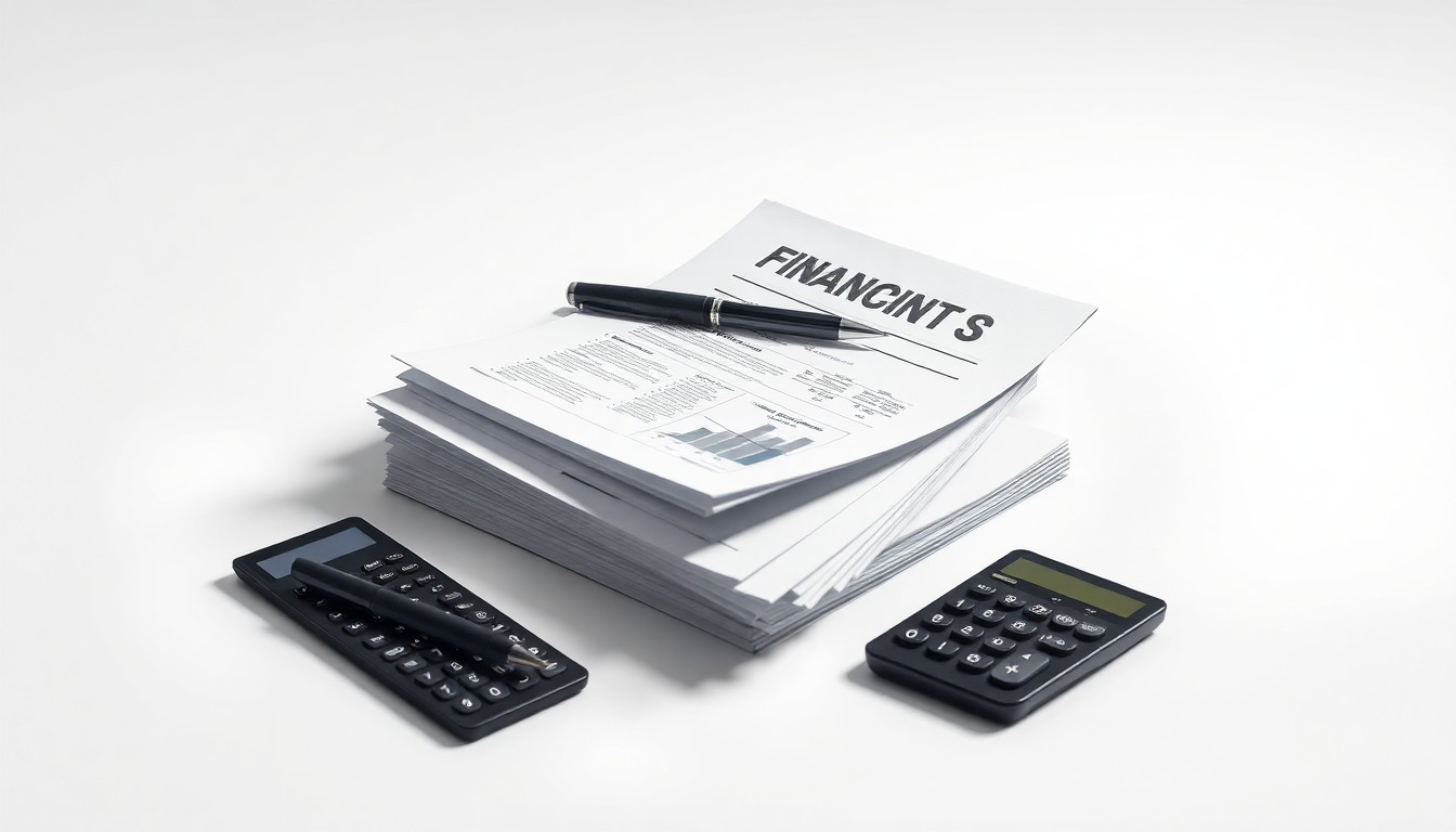 A photorealistic studio still life featuring a stack of financial reports, a pen, and a calculator arranged on a clean, monochromatic background, symbolizing the abstract concepts of corporate finance and performance.