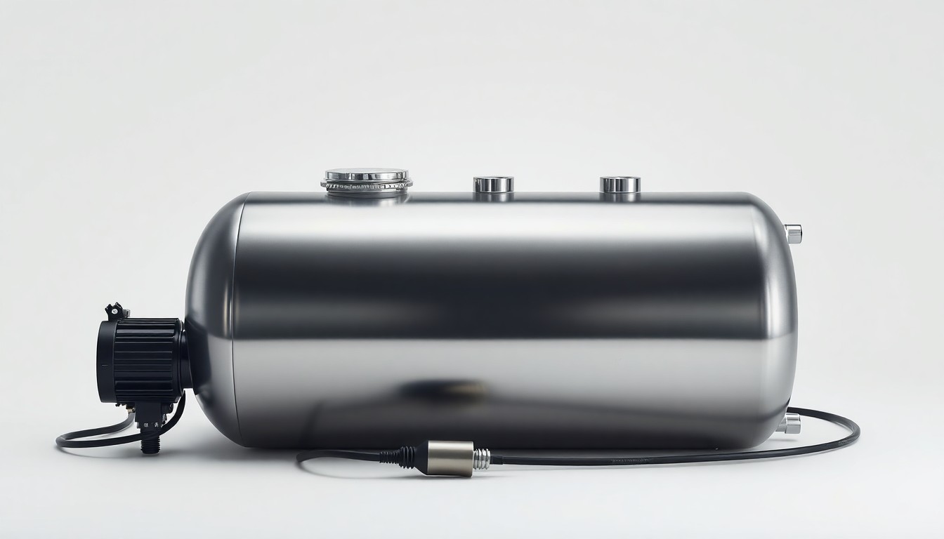 A photorealistic studio still-life photograph featuring a polished metal diesel exhaust fluid (DEF) tank and sensor, arranged elegantly on a clean, white background with dramatic lighting and shadows, conceptually representing the technical challenges facing the agriculture industry.