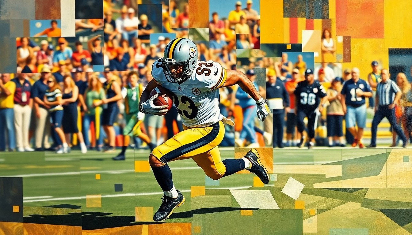 A fragmented, geometric painting depicting the dynamic movements of a football player in motion, with sharp planes of color and form.