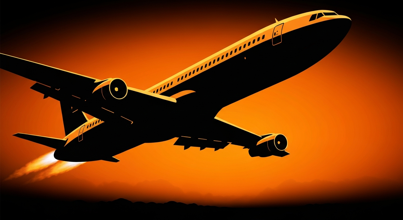 A highly stylized, Art Deco-inspired illustration depicting a large commercial airliner silhouetted against a vibrant orange sky, with one engine emitting bright flames, conveying the dramatic intensity of the in-flight emergency.