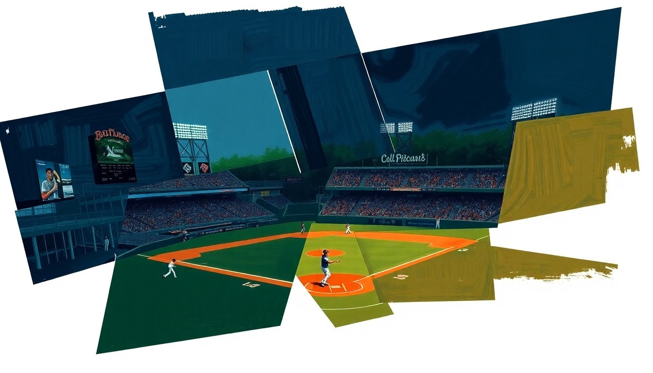 A cubist, geometric painting depicting a fragmented baseball game, with sharp, overlapping planes of navy, green, and orange conveying the raw energy and motion of the sport.