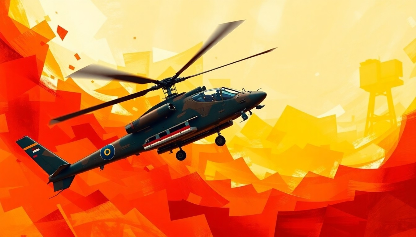 A dynamic, abstract painting of an Apache helicopter in flight, with overlapping geometric shapes and vibrant colors evoking a sense of speed and motion, conceptually representing the controversy surrounding the military flyby incident.