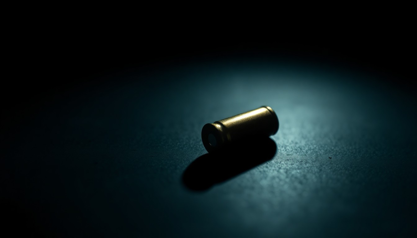 An extreme close-up photograph of a single bullet casing on a dark surface, lit by a harsh, direct camera flash, conceptually representing the evidence of a violent crime.