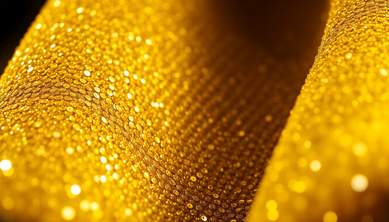An extreme close-up photograph of shimmering, high-contrast sequins and velvet textures, capturing the glamour and drama of a celebrity's unexpected courtside mishap at a major sporting event.