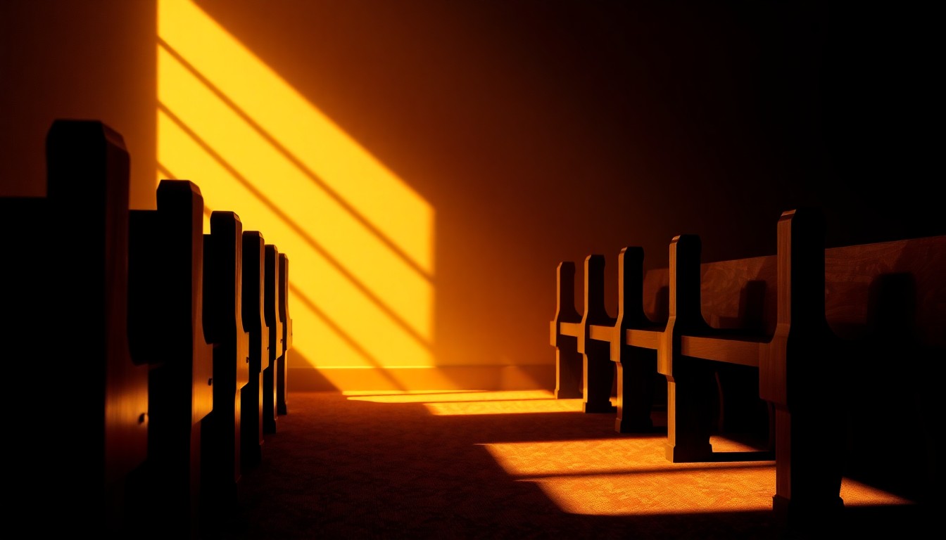 A serene, cinematic painting of an empty church pew in soft, warm lighting, conveying a sense of quiet contemplation around religious and political tensions.