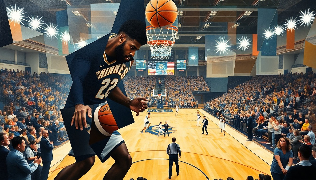 A fragmented, geometric painting depicting the abstract shapes and forms of basketball players in motion, with the court and arena fading into the background, conveying the conceptual idea of a player's transfer decision.