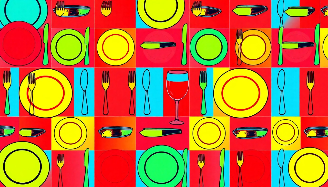 A bold, graphic silkscreen print featuring a repeating pattern of a single iconic restaurant item such as a plate, fork, or wine glass in a vibrant neon color palette, conceptually representing the energy and creativity of the St. Louis dining scene.