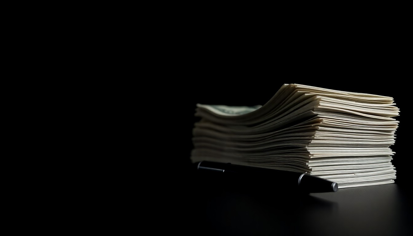 An extreme close-up photograph of a stack of cash and a pen on a dark background, lit by a harsh, direct camera flash, conceptually representing the financial corruption at the heart of the investigation.
