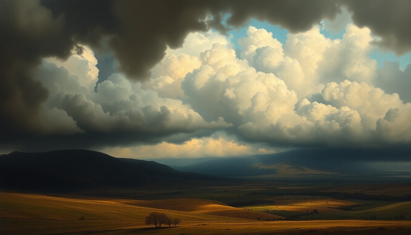 A sweeping, atmospheric landscape painting in muted tones of gray, blue, and green, depicting a vast, stormy sky with heavy, ominous clouds dominating the scene and dwarfing the rolling hills and distant structures below.