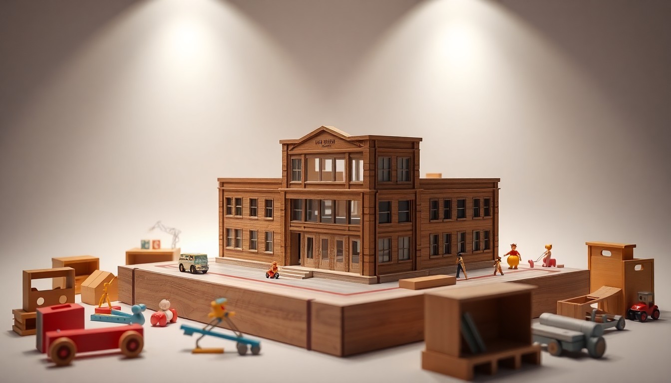 A photorealistic studio still-life photograph featuring a miniature architectural model of a historic building surrounded by educational toys and learning materials, representing the upcoming transformation of the Children's Museum of Phoenix.