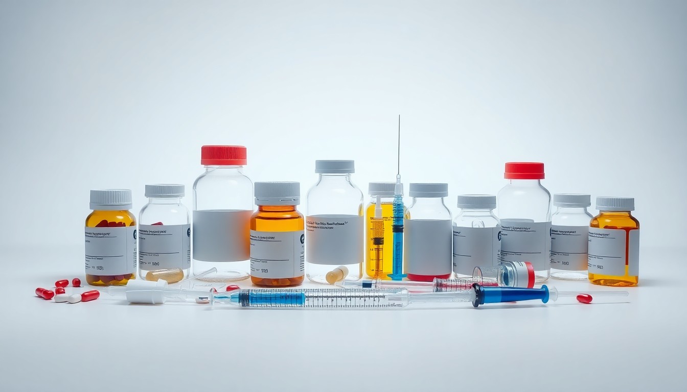 A high-end, photorealistic studio still-life photograph featuring a neatly arranged set of pharmaceutical pill bottles, syringes, and other medical equipment, all rendered in clean, polished materials against a plain white background. The objects are lit dramatically to symbolize the complex business and regulatory challenges facing the pharmaceutical industry.