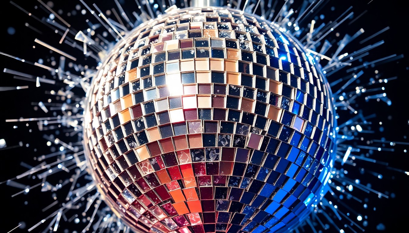 An extreme close-up of a shattered disco ball reflecting glittering shards of light, conceptually representing the vibrant, high-energy comeback of the legendary rock band Rush.
