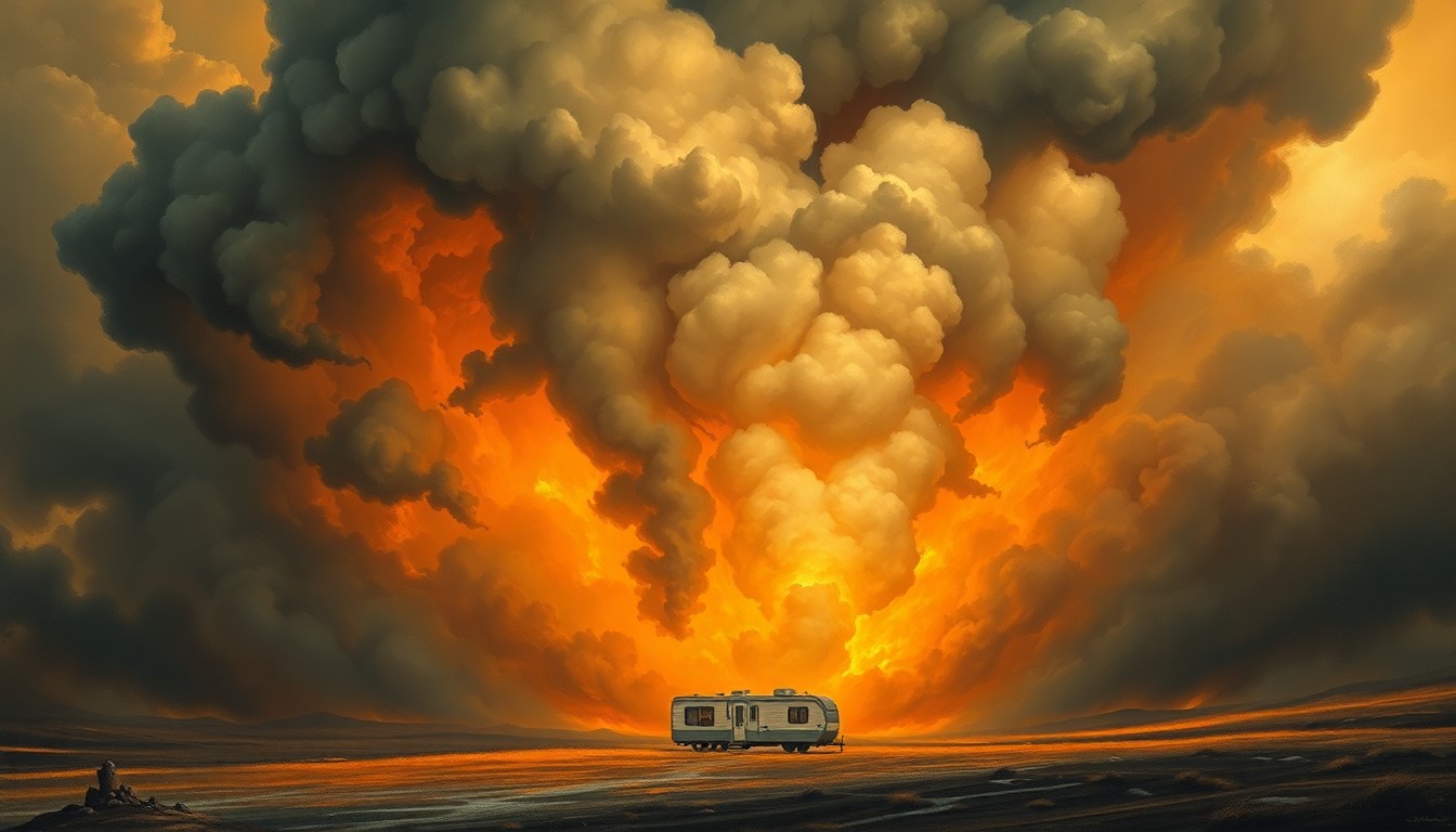 A vast, atmospheric landscape painting depicting a small mobile home engulfed in a swirling vortex of thick, billowing smoke and ominous, dark clouds, conveying the raw power and unpredictability of the fire.