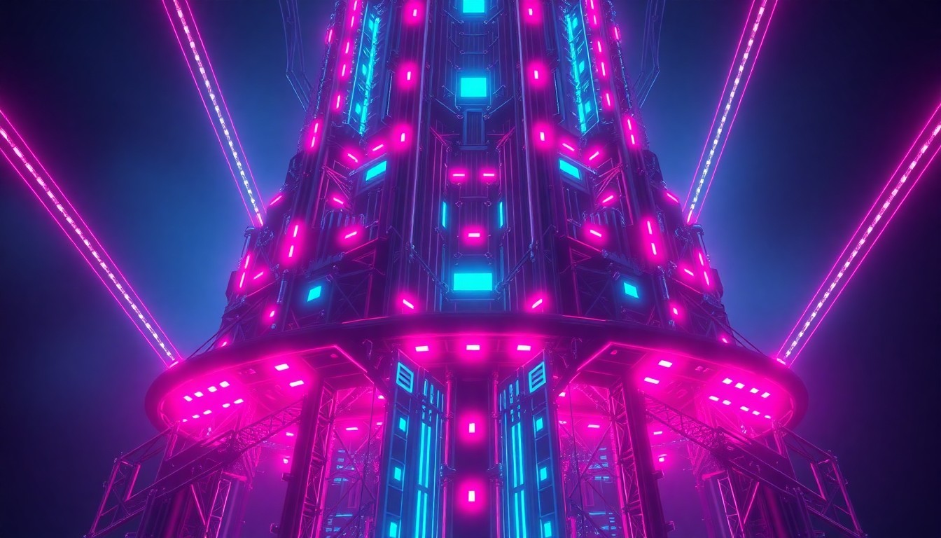 A highly detailed, glowing 3D illustration of a massive, futuristic AI superstructure emitting bright neon lights, conveying a sense of the immense power and potential threat of uncontrolled artificial superintelligence.