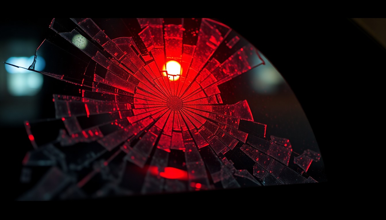 An extreme close-up photograph of shattered glass reflecting a faint red light, conceptually representing the aftermath of a violent street crime.