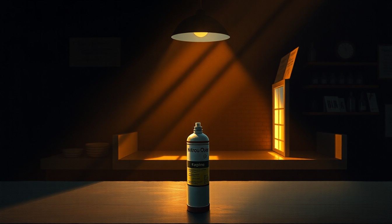 A photorealistic painting of a solitary nitrous oxide canister sitting on a dimly lit counter in a smoke shop, with warm diagonal sunlight and deep shadows creating a cinematic, nostalgic atmosphere.