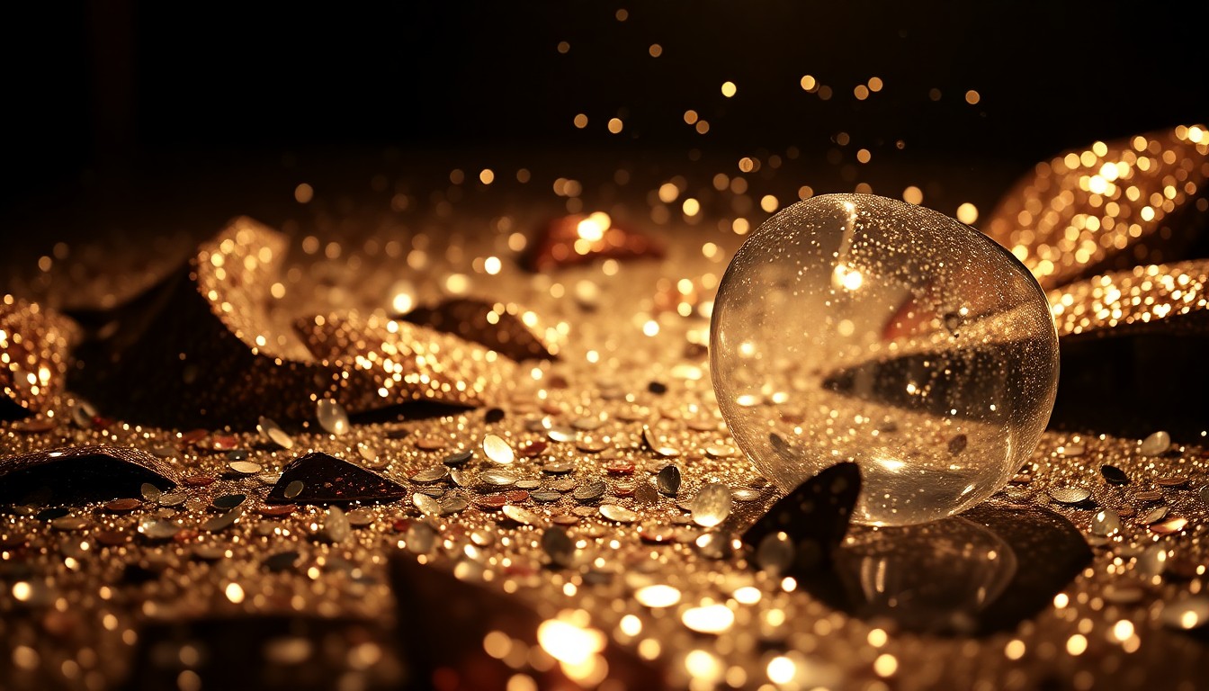 An abstract close-up image featuring a textured pattern of glittering sequins and shattered glass, conveying the glamorous and high-stakes tone of the new Netflix crime comedy series 'Big Mistakes'.