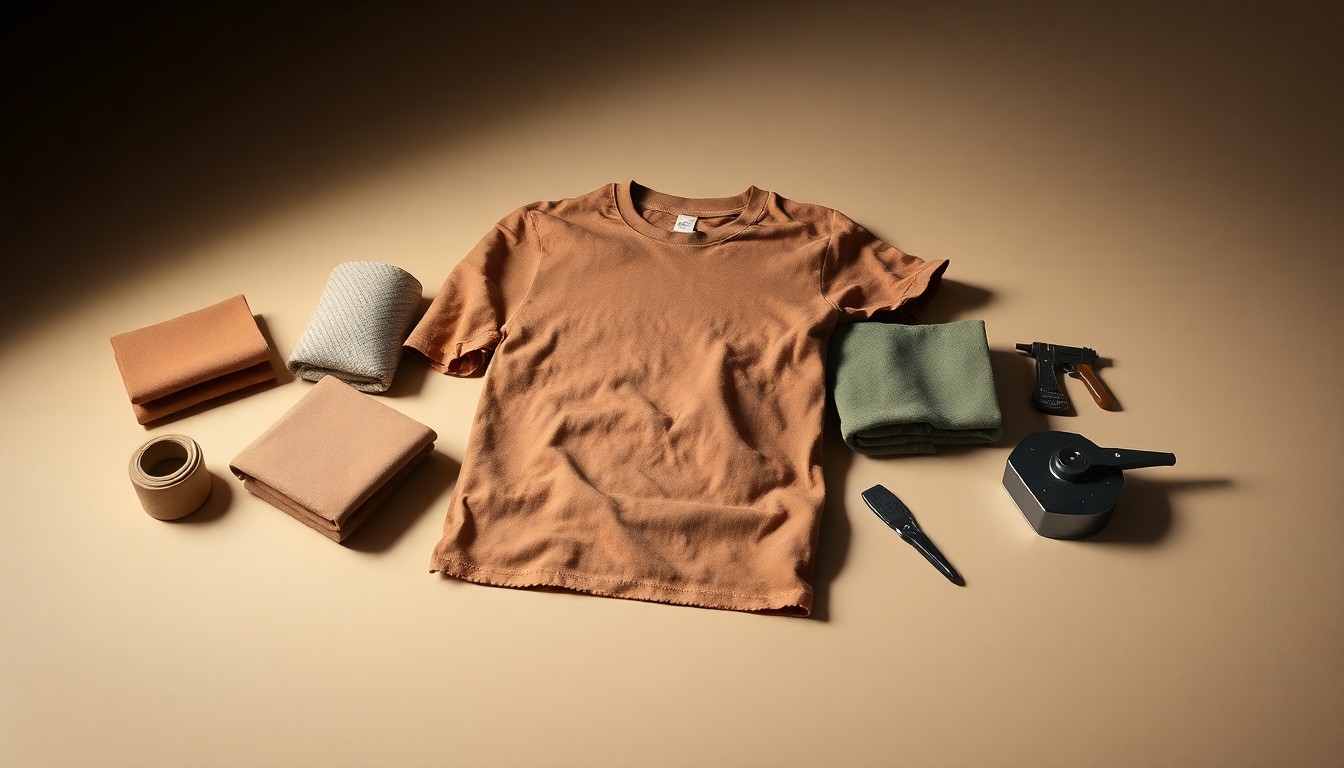 A high-end studio still life photograph featuring a neatly arranged collection of premium t-shirt fabrics, printing tools, and other apparel-making materials in muted earth tones, elegantly composed on a clean, monochromatic background to convey a sense of craftsmanship and the personal touch of the Elma's T-Shirts.com brand.