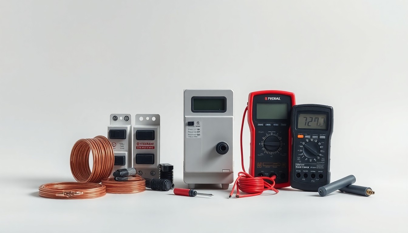 A high-end, photorealistic studio still-life photograph featuring a collection of premium electrical components and tools, such as copper wire coils, circuit breakers, and a digital multimeter, arranged elegantly on a clean, monochromatic seamless background, conceptually representing the abstract concepts of electrical power, infrastructure, and reliability.