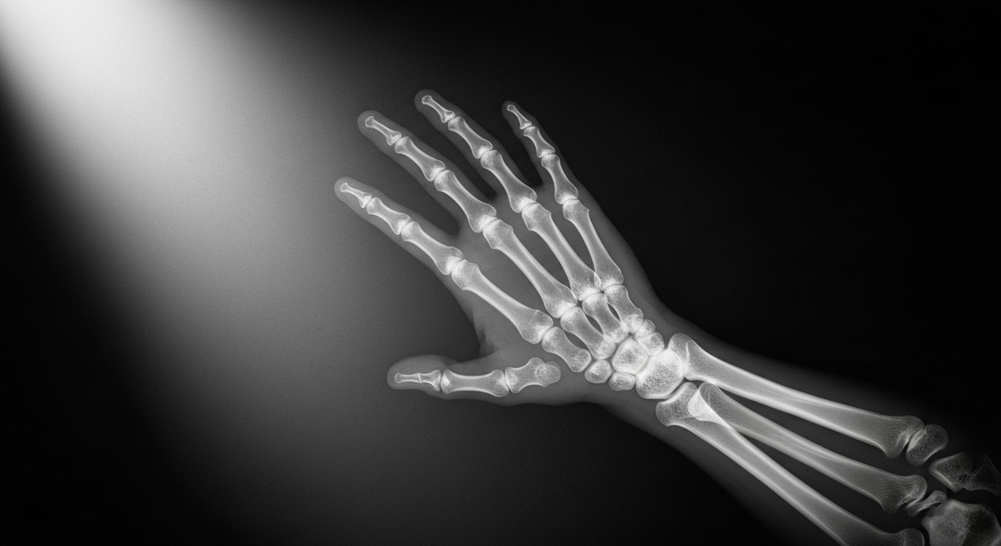 A translucent X-ray photograph showing the delicate bones and veins of an elderly person's hand reaching out, conveying the need for compassionate in-home care.