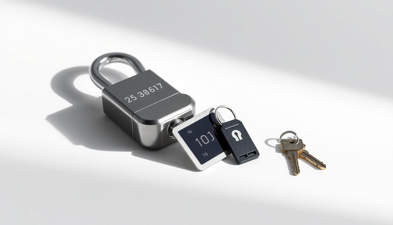 A high-end, photorealistic studio still-life photograph featuring a polished metal cargo container lock, a digital security tag, and a set of cargo security keys arranged elegantly on a clean, monochromatic background, conceptually representing supply chain security and cargo protection.