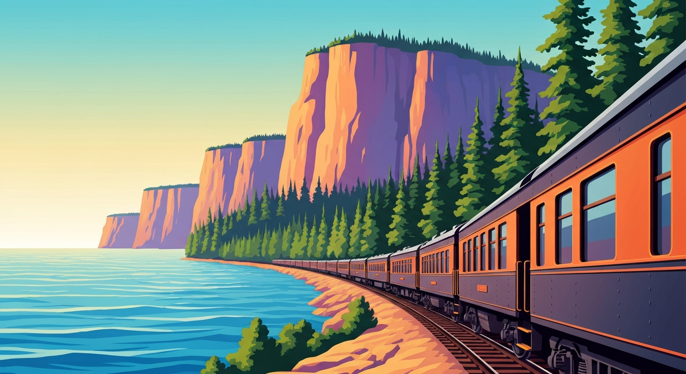 A conceptual editorial illustration in the Art Deco Monumentalist style, featuring a sweeping, geometric composition of the North Shore Scenic Railroad's vintage train cars winding through the towering forests and rocky shoreline of Lake Superior, capturing the grand scale and romantic spirit of this historic rail journey.