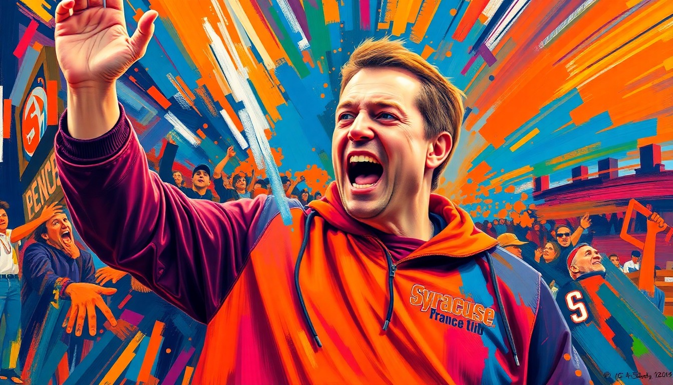 An abstract, expressionist painting featuring bold, neon-colored brushstrokes that capture the raw emotion and energy of Gerry McNamara's homecoming as the new head coach of the Syracuse Orange men's basketball team.