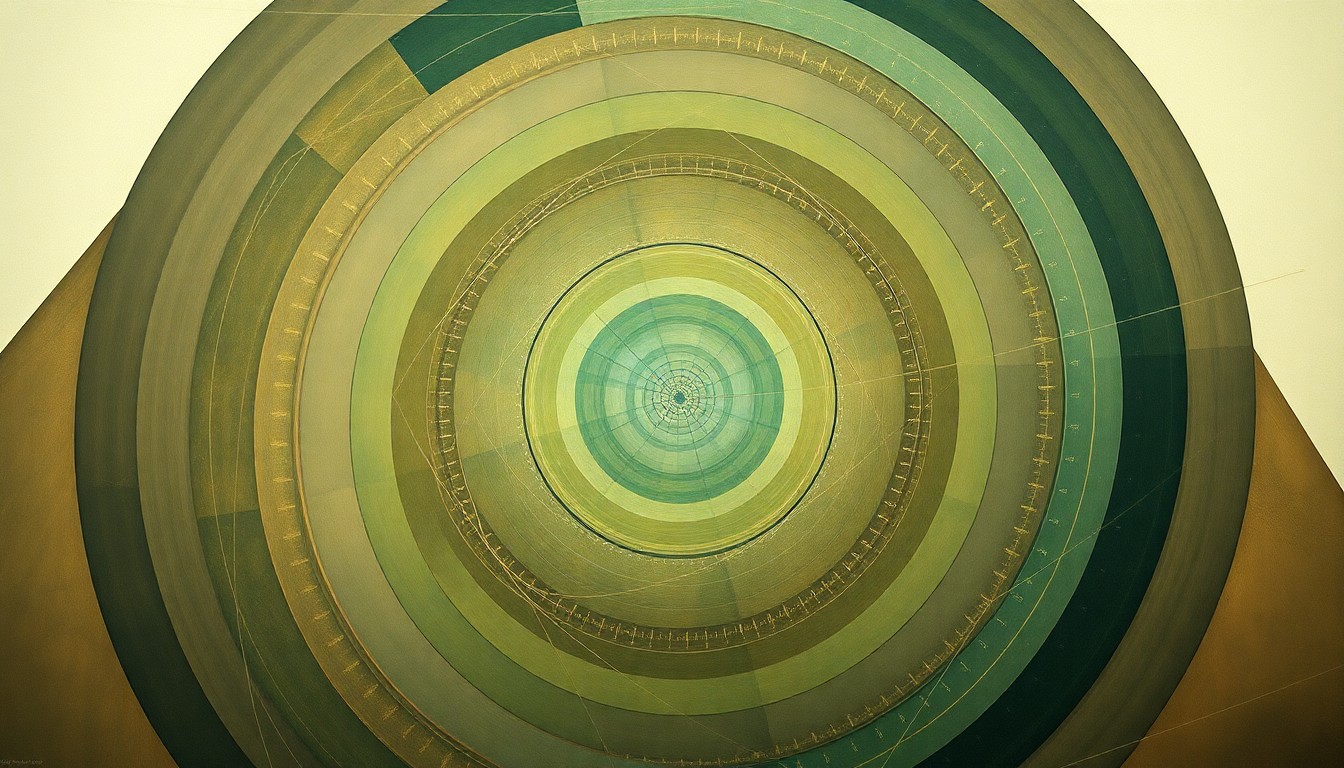 An abstract, highly textured painting in earthy tones of green, blue, and brown, featuring sweeping geometric shapes, concentric circles, and precise spirals, conceptually representing the complex interplay of laser light, trapped ions, and quantum states in a portable, integrated quantum system.