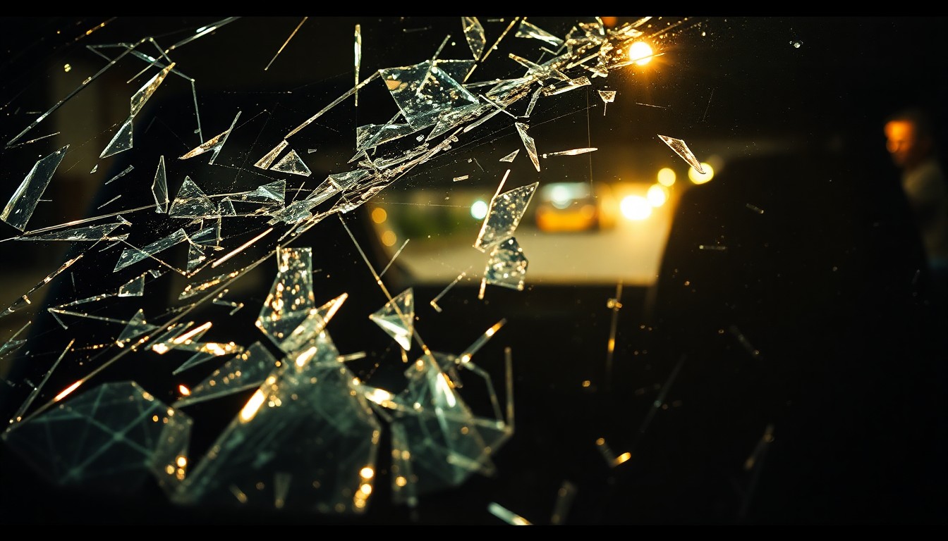 An extreme close-up photograph of a shattered car windshield reflecting the harsh glare of a direct camera flash, conceptually representing the vandalism and chaos of a street takeover.