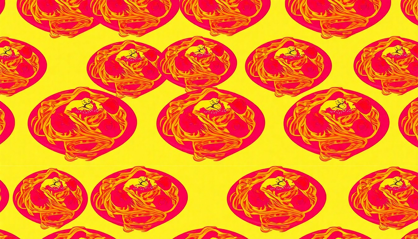 A brightly colored, high-contrast silkscreen print of a classic Italian pasta dish, such as spaghetti and meatballs or lasagna, repeated in a tight grid pattern in the style of Andy Warhol. The image utilizes flat, vibrant, and unnatural neon color palettes overlapping with heavy black photographic outlines to turn an everyday Italian comfort food into modern pop art, completely avoiding text or readable labels.