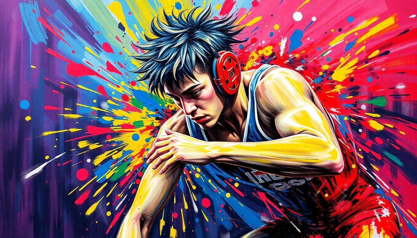 An abstract, expressionist painting in neon colors depicting the intense physicality and raw emotion of a high school wrestling match, with the wrestler's face and uniform blending into the dynamic brushstrokes.