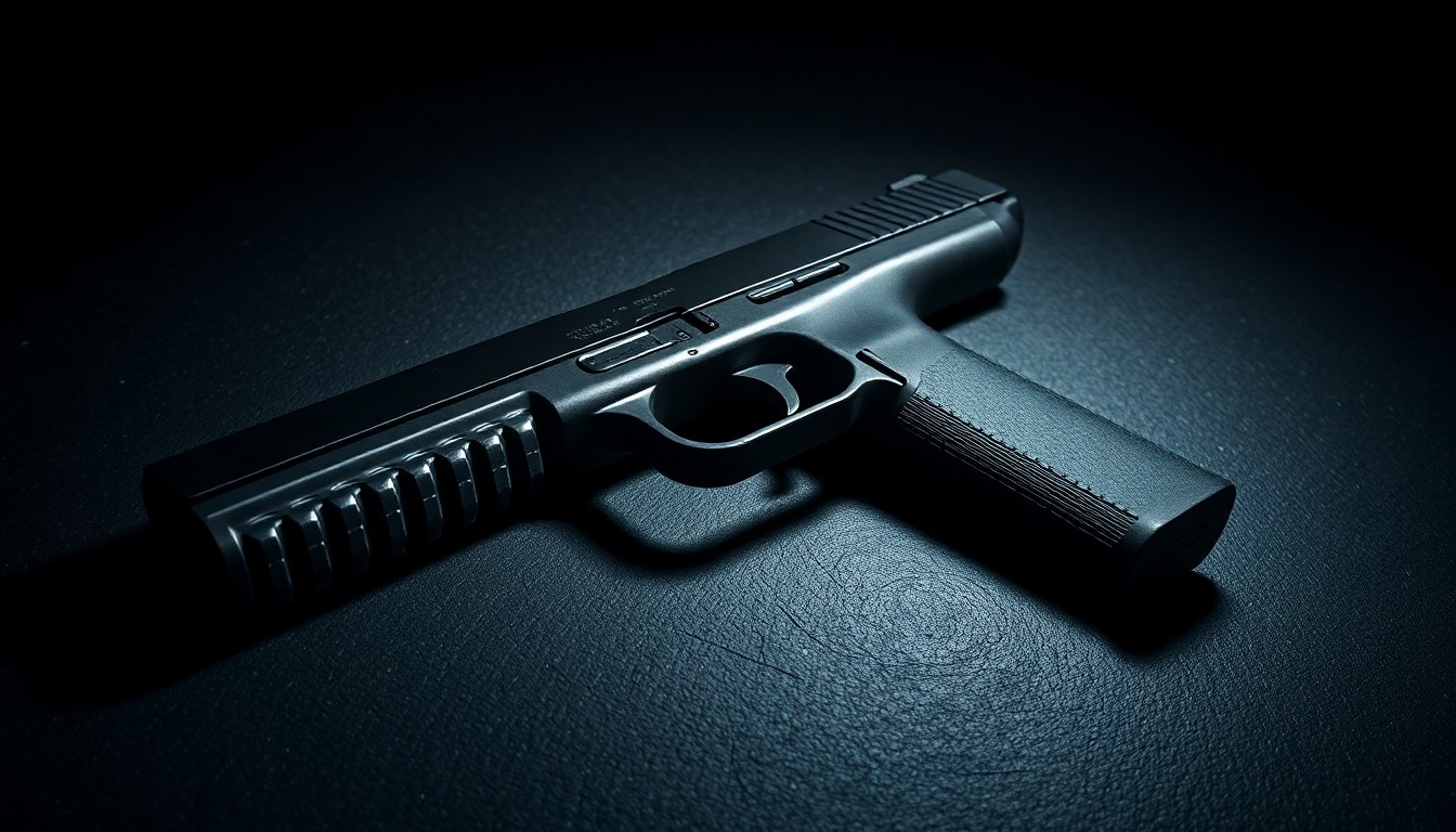 An extreme close-up photograph of a semi-automatic handgun lying on a dark, textured surface, lit by a harsh, direct camera flash, conceptually illustrating the dangerous weapon used in a sexual assault near a college campus.