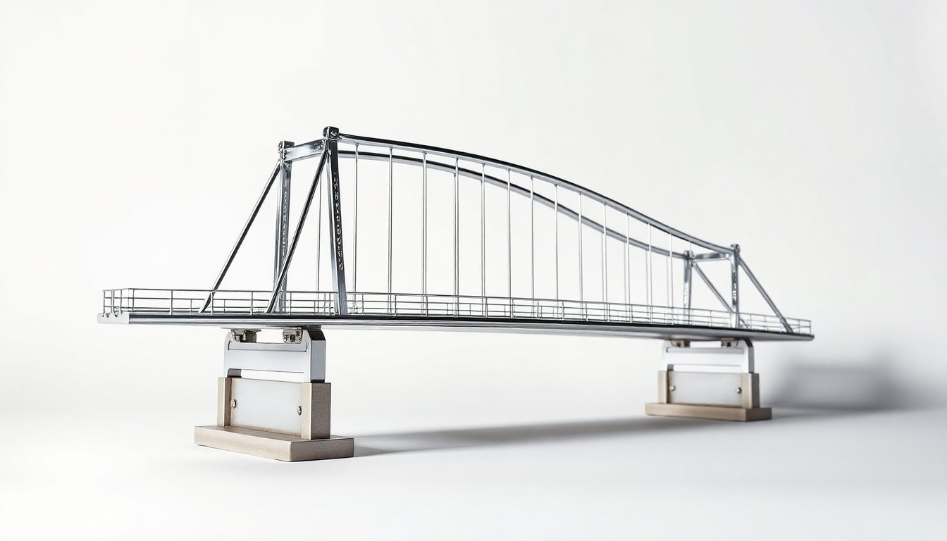 A highly detailed, photorealistic studio photograph of a chrome-plated model of the Francis Scott Key Bridge, floating on a clean, monochromatic background and illuminated by dramatic studio lighting, conceptually representing the infrastructure and economic importance of the bridge's reconstruction.