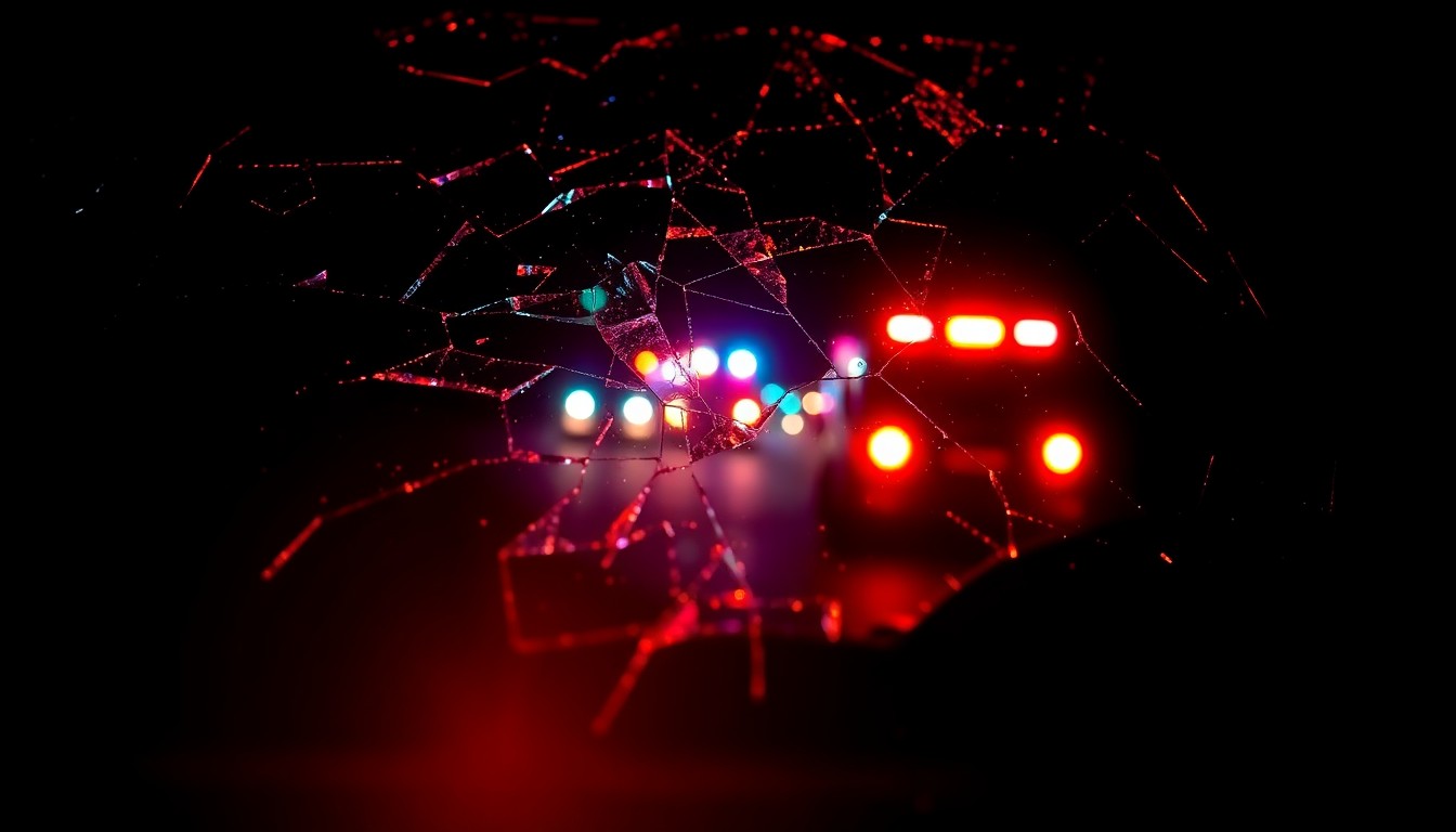 An extreme close-up photograph of a shattered car windshield reflecting the flashing lights of emergency vehicles, creating a stark, gritty, investigative aesthetic.