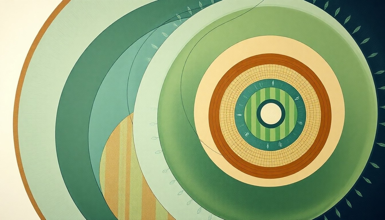 A bold, abstract painting in earthy tones of green, brown, and blue, featuring sweeping geometric arcs, concentric circular patterns, and precise botanical spirals, conceptually representing the complex interplay of plant volatile organic compounds, soil salinity, and sensor networks in precision agriculture.