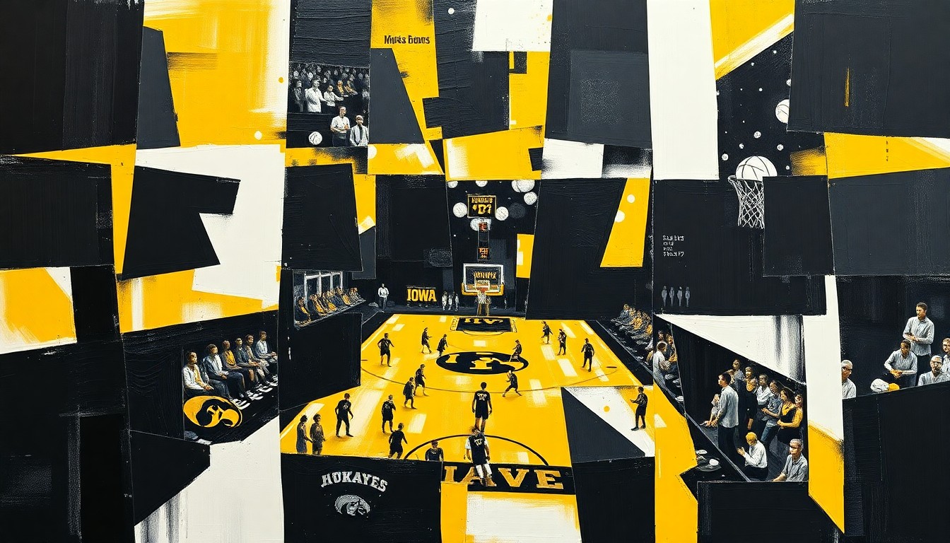 A cubist, geometric painting in black, gold, and white tones, depicting fragmented and overlapping shapes that abstractly represent a college basketball game or match.