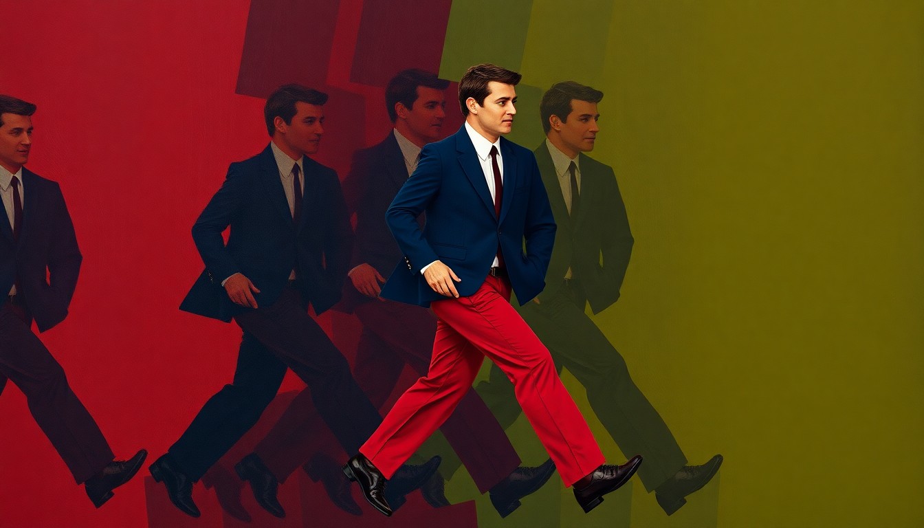 A dynamic, abstract painting featuring a short, suited figure repeated in overlapping, fractured geometric shapes in deep red, navy blue, and olive green, conveying a sense of motion and confrontation.