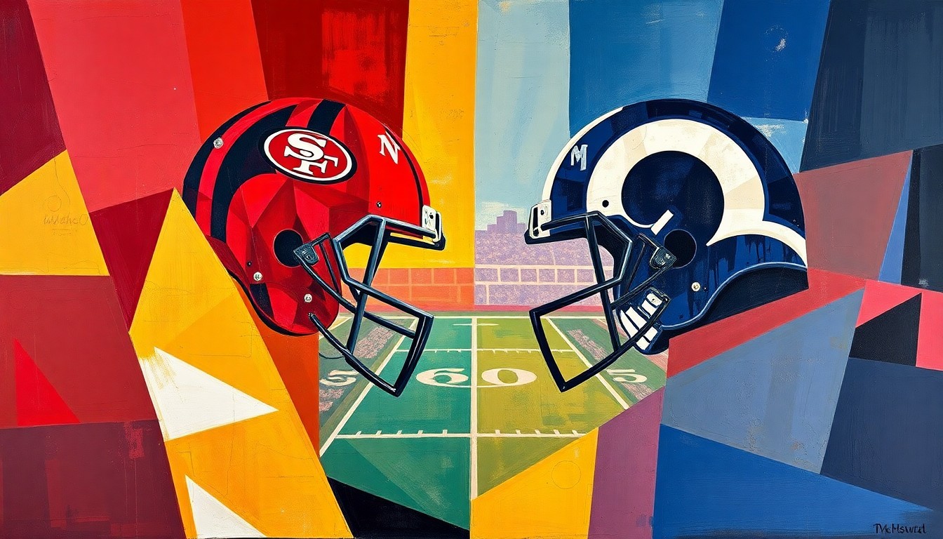A cubist, geometric painting depicting a football game between the San Francisco 49ers and Los Angeles Rams, with the players and field broken down into sharp, overlapping planes of red, gold, and navy blue.