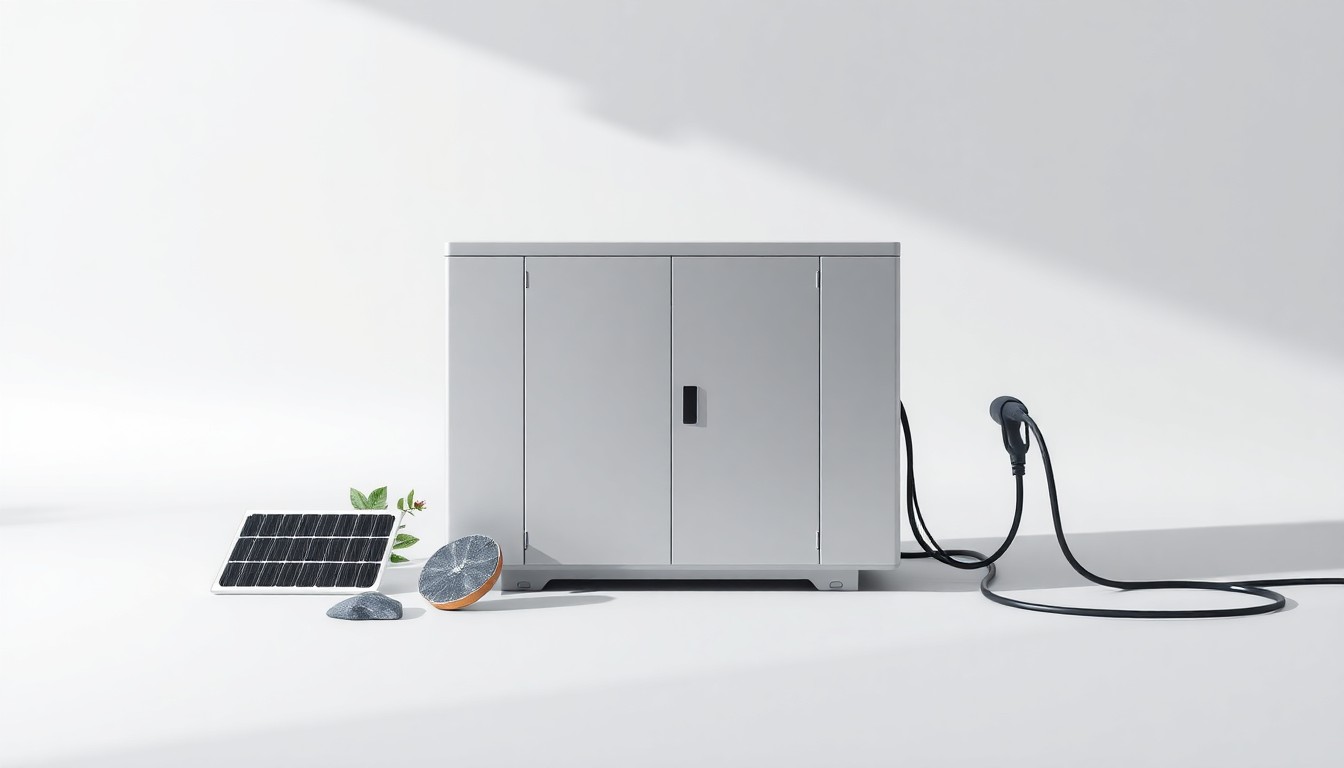 A close-up, high-contrast photograph of a sleek, metallic battery energy storage system unit placed on a clean, monochromatic background, surrounded by a few simple objects that symbolize renewable energy infrastructure.