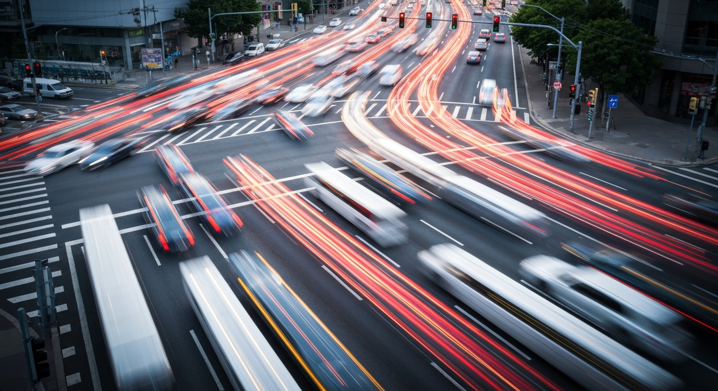 An abstract, blurred image of a busy intersection with multiple lanes of traffic, conveying a sense of speed, movement, and modern engineering.