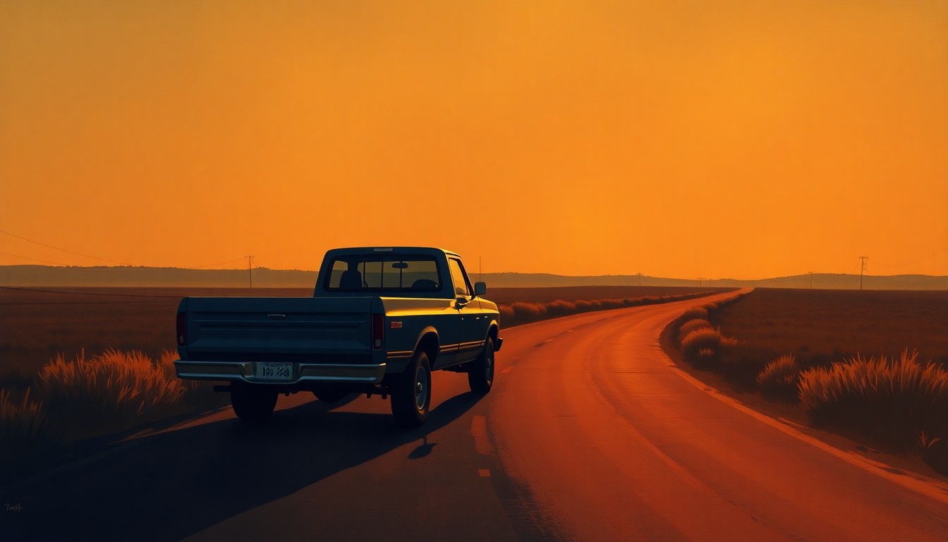 A peaceful, nostalgic painting of a solitary pickup truck on a rural road, with warm sunlight and deep shadows, conveying the tranquil character of the Tijeras community.