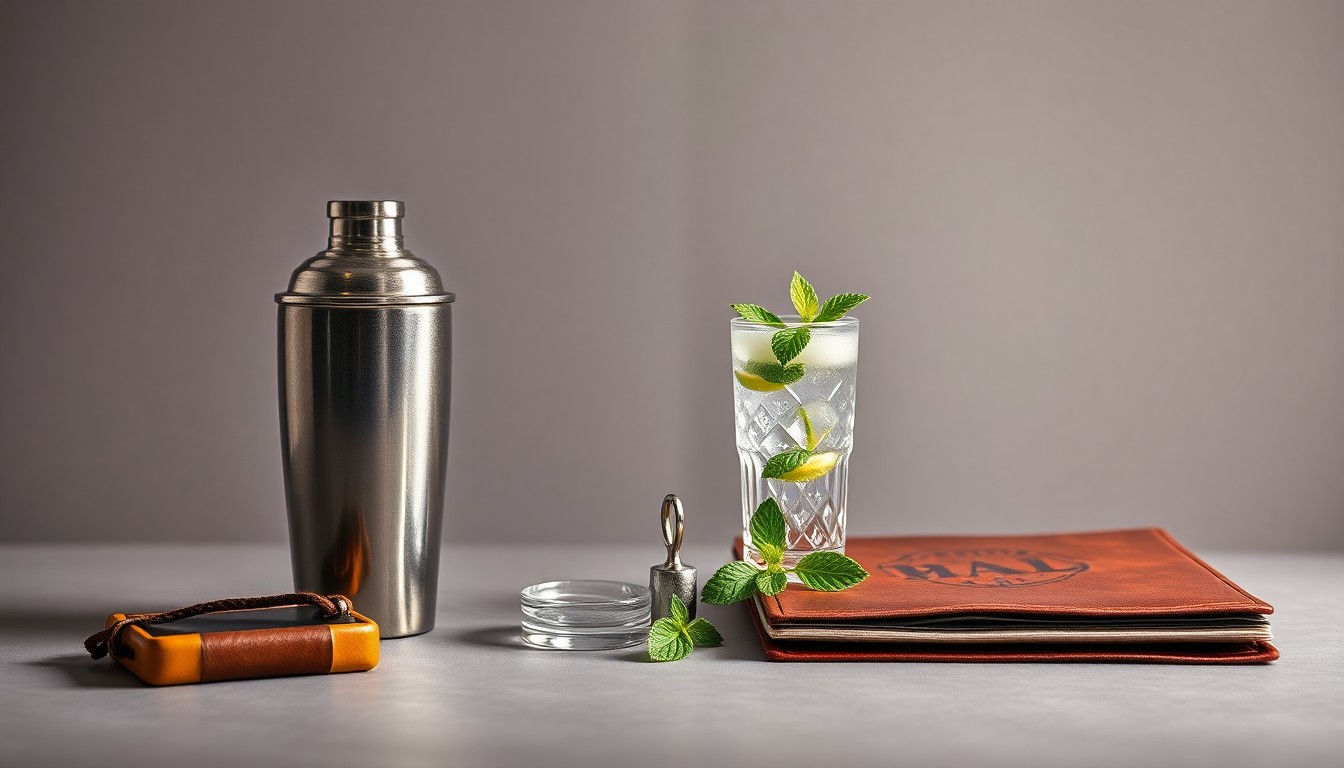 A high-end, photorealistic studio still-life photograph featuring a collection of premium bar and restaurant objects arranged elegantly on a clean, monochromatic background, conceptually representing the financial recovery and resilience of the local hospitality industry.