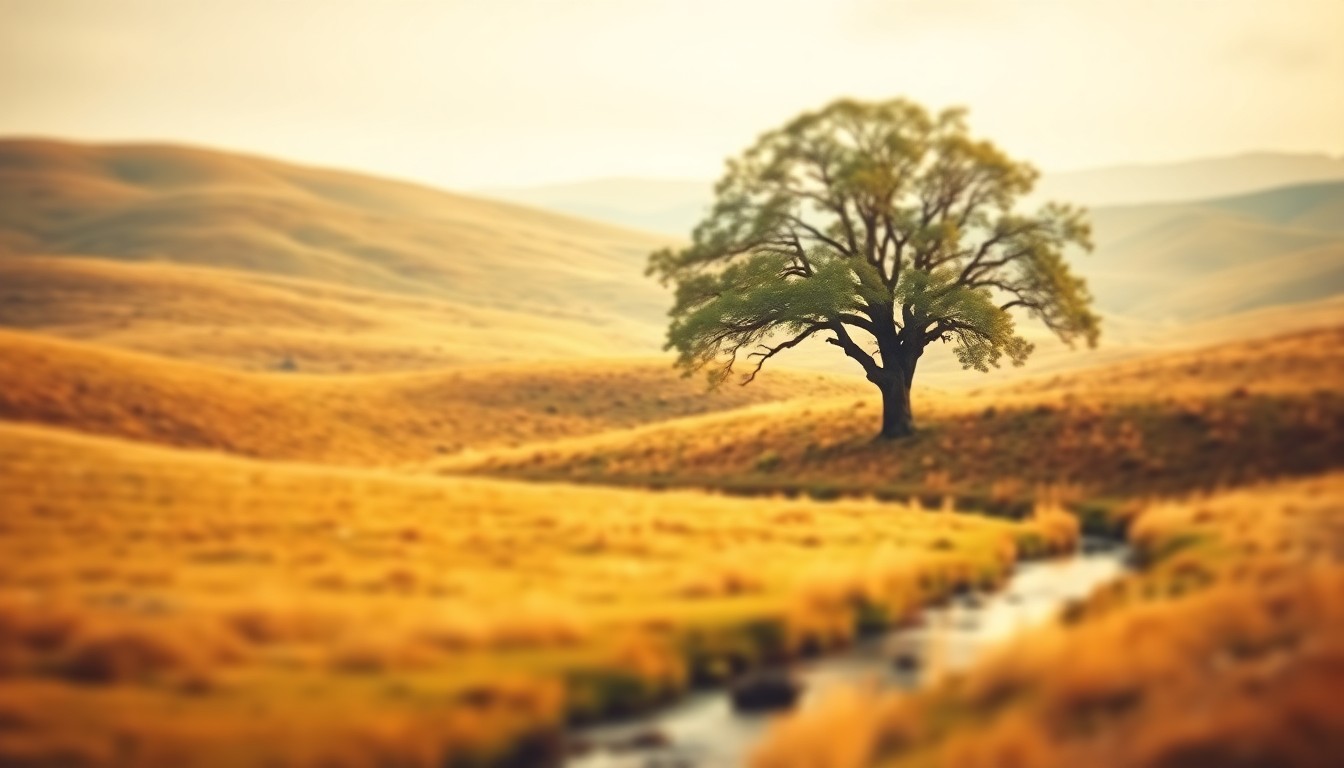 A serene, abstracted landscape in soft, hazy tones of green, brown, and blue, evoking a sense of rural peacefulness.